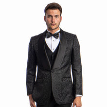Load image into Gallery viewer, Black Men's Hybrid-Fit 3pc Paisley Suit w/ Wide Black Shawl Collar
