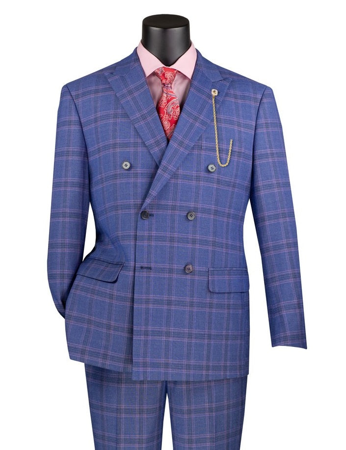 Men's Modern Fit Blue Plaid Double Breasted Suit Tailored MDW-2
