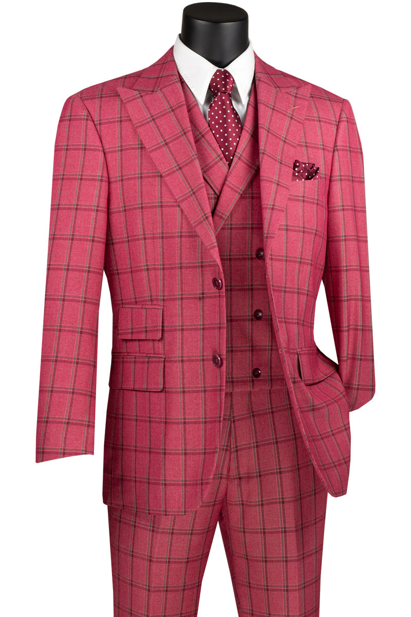 Men's Raspberry Red Plaid 3 Piece Suit with Vest Vinci MV2W-4