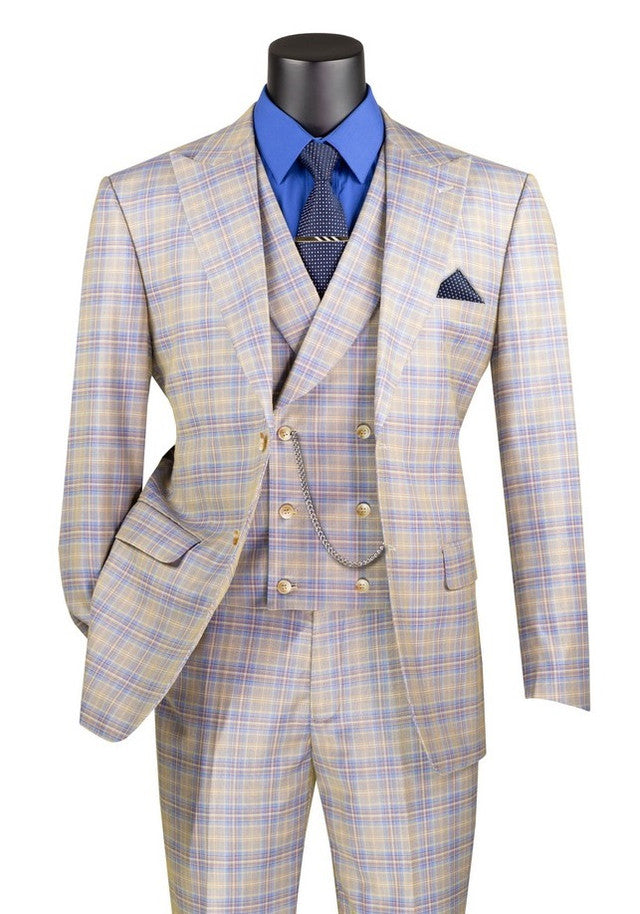 Men's Blue Plaid 1920s 3 Piece Suit with Vest Modern Fit MV2W-3