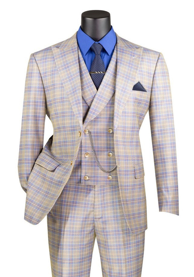 Men's Blue Plaid 1920s 3pc Suit with Vest Modern Fit MV2W-3 Suit