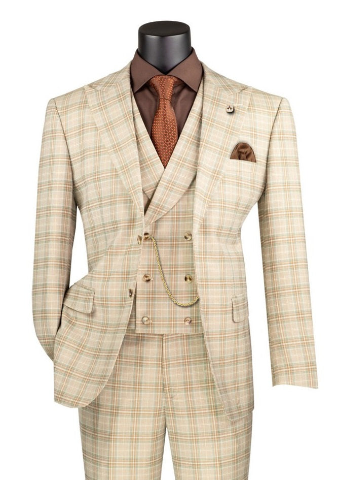 Men's Tan Plaid 1920s Piece Suit with Vest Modern Fit MV2W-3