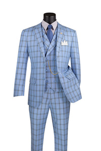 Men's Light Blue Plaid 3 Piece Suit with Vest Vinci MV2W-4