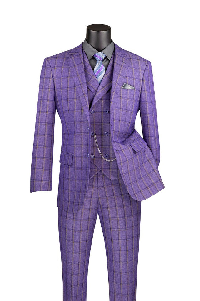 Men's Purple Plaid 1920s 3 Piece Suit with Vest Modern Fit MV2W-4