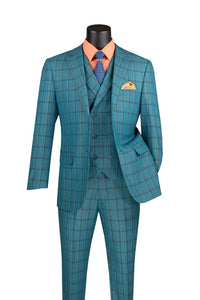 Men's Teal Plaid 1920s 3 Piece Suit with Vest Modern Fit MV2W-4