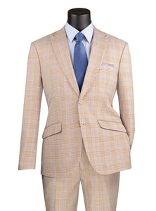 Men's Light Beige Plaid Slim Fit Suit Peak Lapels 2 Piece S2RW-1