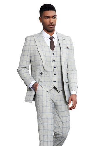 Stacy Adams Men's Light Blue Windowpane 3 Piece Suit Wide Lapels