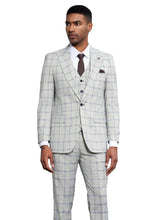 Load image into Gallery viewer, Stacy Adams Men&#39;s Light Blue Windowpane 3-Piece Suit Wide Lapels
