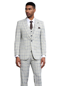 Stacy Adams Men's Light Blue Windowpane 3-Piece Suit Wide Lapels