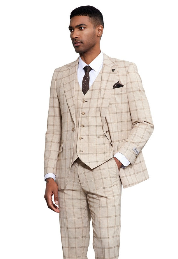 Stacy Adams Men's Tan Windowpane 3 Piece Suit Wide Lapels SM171H1-102