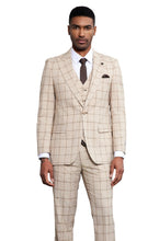 Load image into Gallery viewer, Stacy Adams Men&#39;s Tan Windowpane 3-Piece Suit Wide Lapels
