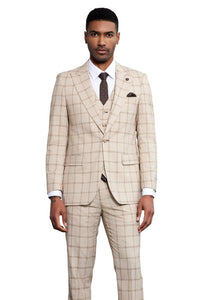 Stacy Adams Men's Tan Windowpane 3-Piece Suit Wide Lapels