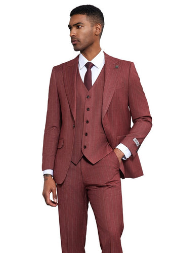 Stacy Adams Men's Pinstripe 3 Piece Suit Wine Wide Lapels