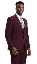 Load image into Gallery viewer, Stacy Adams Fashion Suit 3 Piece Burgundy Wine Peak Lapel Low Cut Vest
