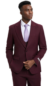 Stacy Adams Fashion Suit 3-Piece Burgundy Wine Peak Lapel Low Cut Vest