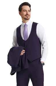 Stacy Adams Fashion Suit 3 Piece Dark Purple Peak Lapel Low Cut Vest SM255H-04