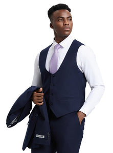 Stacy Adams Fashion Suit 3-Piece Navy Blue Peak Lapel Low Cut Vest