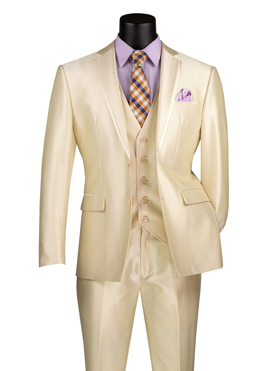 Men's Shiny Fancy Prom Slim Fit Suit Champagne Beige 3 Piece Vested SV