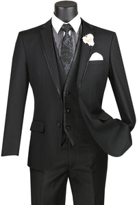 Vinci Men's Black Slim Fit Prom Suit Trim Lapel Homecoming SV2T-8