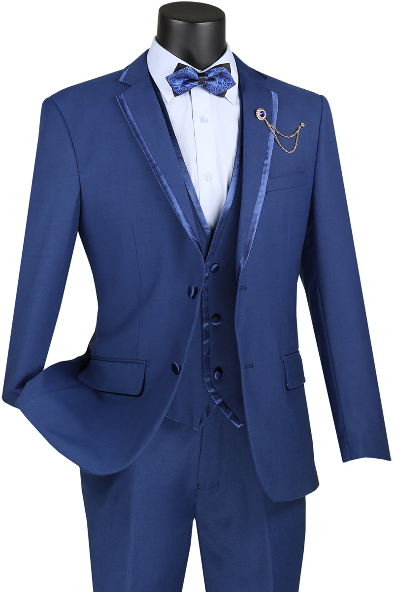 Vinci Men's Blue Slim Fit Prom Suit Trim Lapel Homecoming SV2T-8