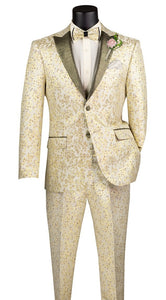 Men's Tight Fit Fancy Prom Tuxedo Champagne Paisley 3 Piece TSJQ-1