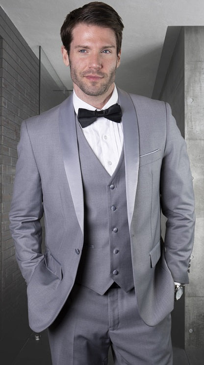 Statement Mens 3 Piece Grey Shawl Collar Modern Fit Designer Tuxedo TUX-SH