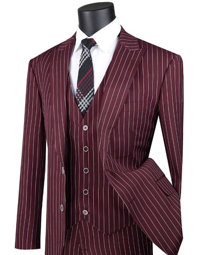 Men's Burgundy 1920s Stripe 3 Piece Suit with Vest 