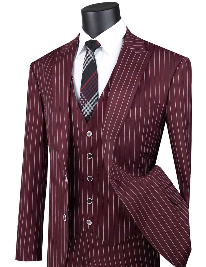 Men's Burgundy 1920s Stripe 3 Piece Suit with Vest V2RS-9