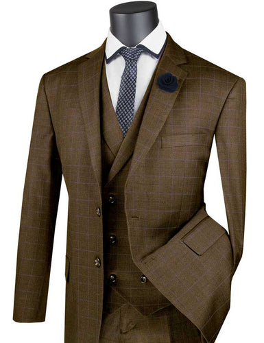 Men's Taupe Brown Plaid 3 Piece Suit Double Breasted Vest