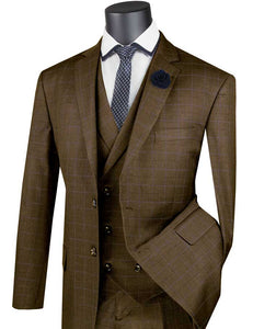 Men's Taupe Brown Plaid 3 Piece Suit Double Breasted Vest V2RW-13