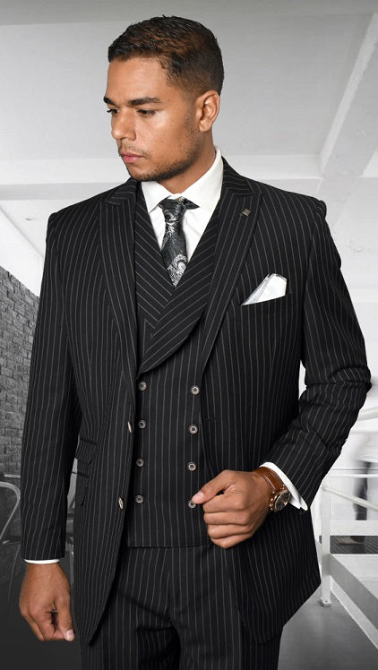 Statement Men's Wool Suit Black Stripe 1920s Lapel Vest Zarelli