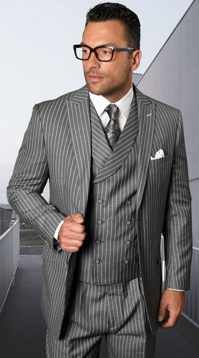 Statement Men's Wool Suit Gray Stripe 1920s Lapel Vest Zarelli