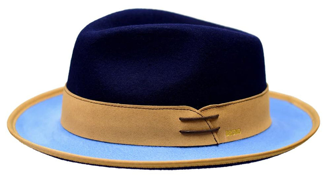 Bruno Capelo Men's Blue Wool Felt Fedora Brim Hat OU-853