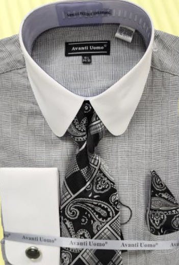 Classic Men's French Cuff Shirt & Tie Set – Black & White Round Collar  (DN131M)