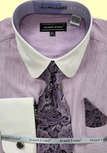 Mens French Cuff Shirt Tie Set Lavender Plaid White Round Collar DN131