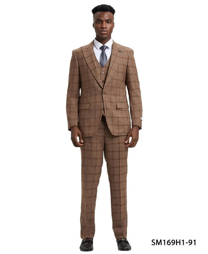 Stacy Adams Men's Light Brown Checkered 3 Piece Suit