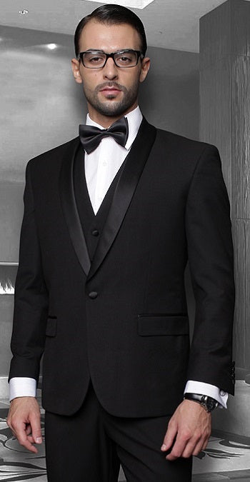 Statement Mens 3 Piece Black Shawl Collar Modern Fit Designer Tuxedo TUX-SH