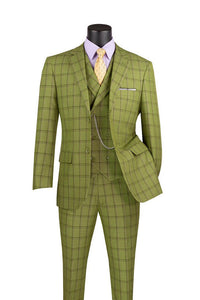 Men's Moss Green Plaid 1920s 3 Piece Suit with Vest Modern Fit MV2W-4