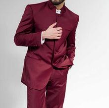 Load image into Gallery viewer, Men&#39;s Burgundy Chinese Mandarin Collar Suit 5HT

