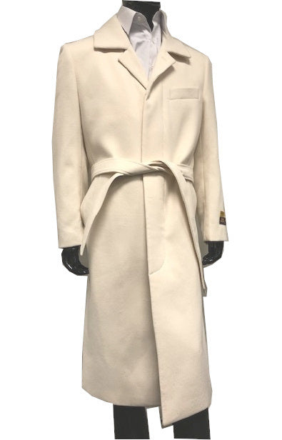 Topcoat - Falcone Mens Winter White Belted Top Coat Wool Full Length Aero  4150-007