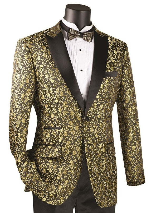 Men's Gold Floral Paisley Black Collar Tuxedo Jacket Blazer BF-2