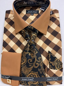 Mens French Cuff Shirt Tie Set Brown Diagonal Pattern DN100M