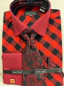 Mens French Cuff Shirt Tie Set Red Diagonal Pattern DN100M