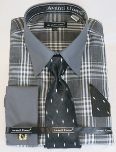 French Cuff Dress Shirt and Tie Set Gray Big Plaid DN99M