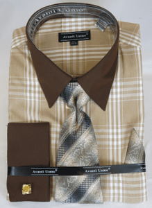 French Cuff Dress Shirt and Tie Set Brown Beige Plaid DN99M