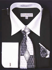 Men's Black White French Cuff Dress Shirt Tie Set DE DS3006WPRT