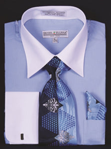 Men's Blue White Collar French Cuff Dress Shirt Tie Set DE DS3006WTPRT