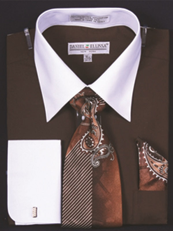 Men's Brown White Collar French Cuff Dress Shirt Tie Set DE DS3006WTPRT