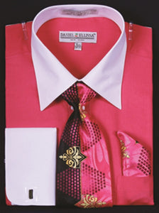 Men's Fuchsia White Collar French Cuff Dress Shirt Tie Set DE DS3006WTPRT