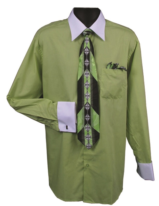 Men's Lime White Collar French Cuff Dress Shirt Tie Set DE DS3006WTPRT